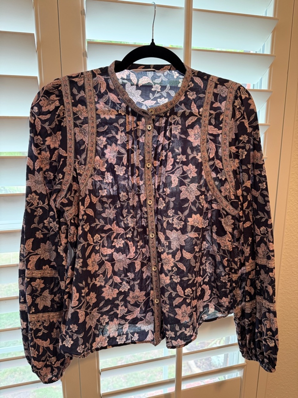 Mango Navy Blouse with Pale Pink Floral Print